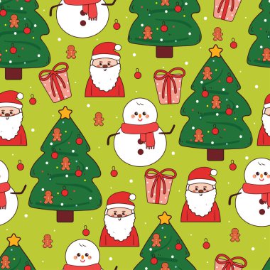 Kusursuz desenli Noel Baba çizgi filmi ve Noel ağacı. Kumaş baskısı için şirin noel duvar kağıdı, hediye paketi kağıdı