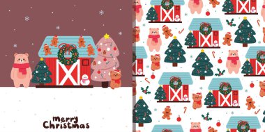 Kart ve desenli, içinde ev, Noel titreşimleri ve kış eşyaları olan çizgi film ayıları. Noel kartı için şirin bir çizgi film.