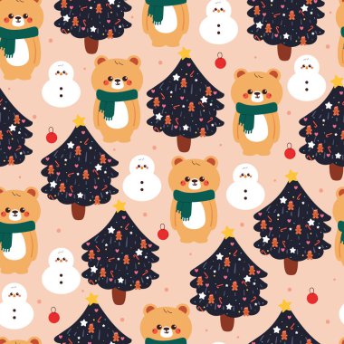 seamless pattern cartoon bear with christmas tree. cute christmas and winter wallpaper for fabric print, gift wrap paper clipart