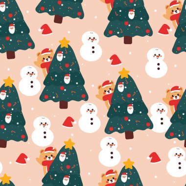 seamless pattern cartoon bear with christmas tree. cute christmas and winter wallpaper for fabric print, gift wrap paper clipart