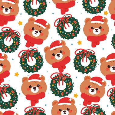 Kusursuz desenli bir çizgi film ayısı ve noel şeyleri. Kumaş baskısı için şirin noel duvar kağıdı, hediye paketi kağıdı