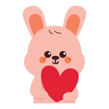 Kırmızı kalbi tutan sevimli el çizgi film tavşanı. Sevgililer Günü çıkartması ve simgesi için sevimli hayvan çizimi