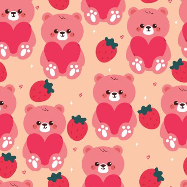 Pembe kalp tutan kusursuz desenli şirin çizgi film ayısı. Sevgililer Günü duvar kâğıdı için sevimli hayvan deseni, arka plan