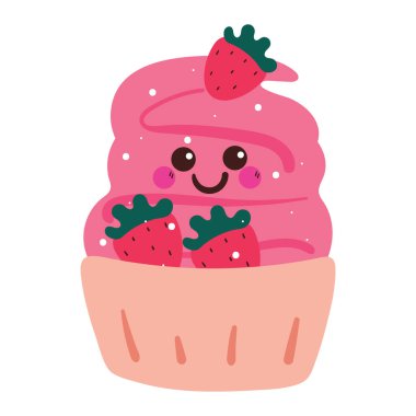 Üzerinde çilek olan şirin bir el çizimi pembe kek. Tatlı çizgi film çıkartması.