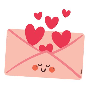 Sevimli el çizimi, kalplerle dolu pembe bir zarf. Sevgililer Günü çıkartması, simgesi için sevimli çizim