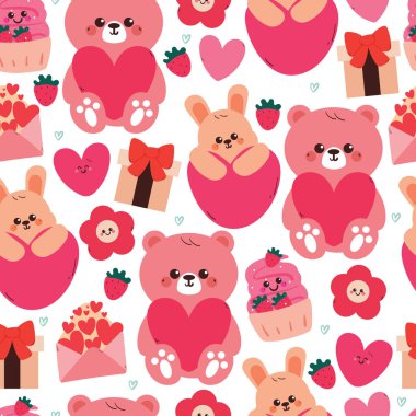 Kusursuz desenli şirin çizgi film ayısı ve pembe kalp tutan tavşan. Sevgililer Günü duvar kâğıdı için sevimli hayvan deseni, arka plan