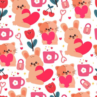 Kusursuz desenli şirin çizgi film kedisi ve pembe kalp tutan tavşan. Sevgililer Günü duvar kâğıdı için sevimli hayvan deseni, arka plan