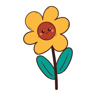 El çizimi güneş çiçeği karakteri şirin çiçek çizimi, çıkartma veya simge için karalama