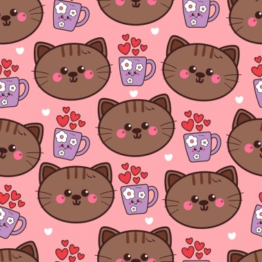 Güzel fincanlı kusursuz çizgi film kedisi. Kumaş baskısı için sevimli hayvan kış duvar kağıdı, hediye paketi kağıdı