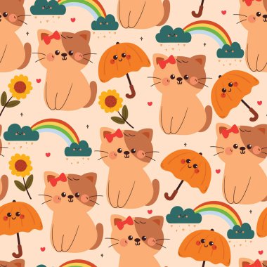 Kusursuz desenli, gökyüzü elementli sevimli çizgi film kedisi. Duvar kağıdı, arkaplan ve hediye paketi kağıdı için sevimli hayvan deseni