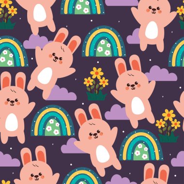 Kusursuz desenli, gökyüzü elementi ve çiçekli sevimli çizgi film tavşanı. Sevgililer Günü duvar kâğıdı, desen, arkaplan için sevimli hayvan çizimi