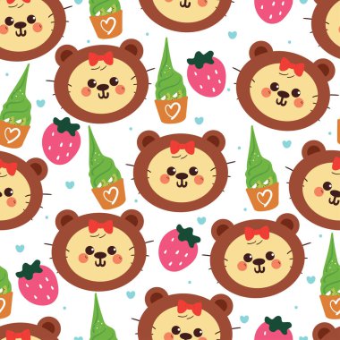 Tatlı karalamalı ayı kostümünün içinde kusursuz desenli şirin çizgi film kedisi. Duvar kağıdı, arkaplan ve hediye paketi kağıdı için sevimli hayvan deseni