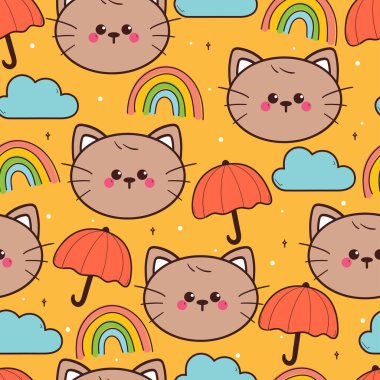 Şemsiyesi ve gökyüzü elementi olan kusursuz desenli şirin çizgi film kedisi. Duvar kağıdı, arkaplan ve hediye paketi kağıdı için sevimli hayvan deseni