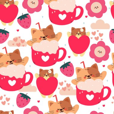 Pembe kupa ve pembe şeyler içinde kusursuz desenli şirin çizgi film kedisi. Sevgililer Günü duvar kağıdı, arkaplan ve hediye paketi kağıdı için sevimli hayvan deseni