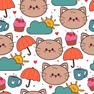 Kek ve gökyüzü elementli kusursuz desenli şirin çizgi film kedisi. Duvar kağıdı, arkaplan ve hediye paketi kağıdı için sevimli hayvan deseni