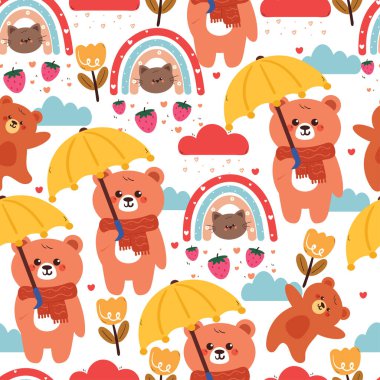 Sarı şemsiyeli kusursuz çizgi film ayısı ve gökkuşaklı kedi. Kumaş baskısı için sevimli hayvan duvar kağıdı, hediye paketi kağıdı