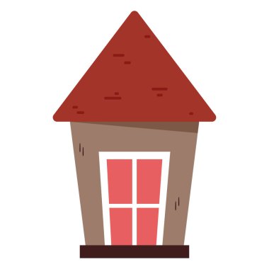 Kırmızı çatılı ve pencereli şirin el çizimi çizgi film evi. Çıkartma, simge için sevimli çizim