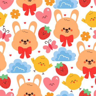 Kusursuz desenli şirin çizgi film tavşanı ve gökyüzü elementi ve kelebeği olan piliç. Duvar kağıdı, desen, arkaplan için sevimli hayvan çizimi