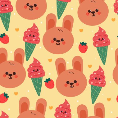 Kusursuz desenli, dondurmalı sevimli çizgi film tavşanı. Duvar kağıdı, desen, arkaplan için sevimli hayvan çizimi