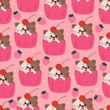 seamless pattern cute cartoon cat inside cupcake with cherry and strawberry. cute animal pattern for wallpaper, background and gift wrap paper clipart