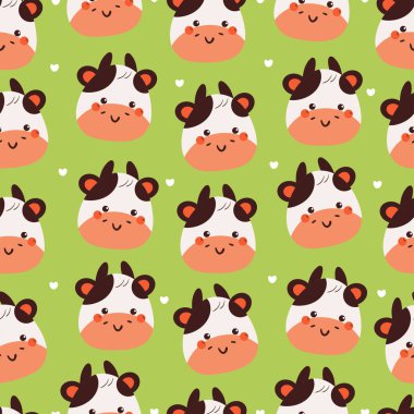 Kusursuz desenli şirin çizgi film ineği kafası. Duvar kağıdı, desen, arkaplan için sevimli hayvan çizimi