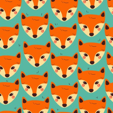 Kusursuz desenli şirin tilki kafası. Duvar kağıdı, desen, arkaplan için sevimli hayvan çizimi