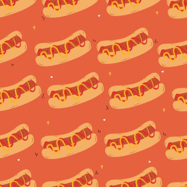 Kusursuz desenli, soslu şirin çizgi film sosislisi. Duvar kâğıdı, arkaplan ve hediye paketi kağıdı için sevimli yemek kalıpları