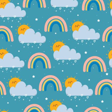 Kusursuz desenli şirin çizgi film gökyüzü elementi. Duvar kağıdı, arkaplan ve hediye paketi kağıdı için sevimli hayvan deseni