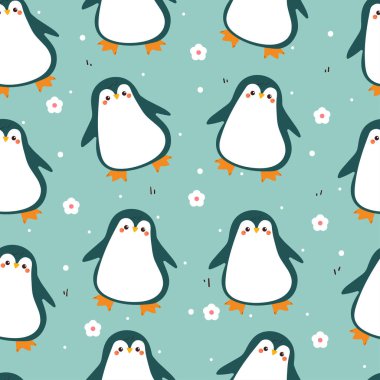 Kusursuz desenli sevimli çizgi film pengueni. Duvar kağıdı, arkaplan ve hediye paketi kağıdı için sevimli hayvan deseni