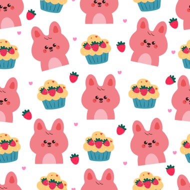 Kusursuz desenli sevimli çizgi film pembe tavşanlı kek. Duvar kağıdı, desen, arkaplan için sevimli hayvan çizimi