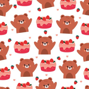 Kusursuz desenli, çilekli pastalı şirin çizgi film ayısı. Duvar kağıdı, arkaplan ve hediye paketi kağıdı için sevimli hayvan deseni