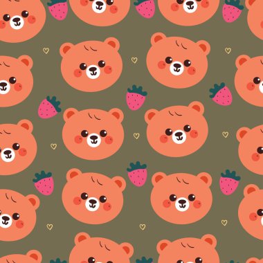 Kusursuz desenli, çilekli şirin çizgi film ayısı. Duvar kağıdı, arkaplan ve hediye paketi kağıdı için sevimli hayvan deseni