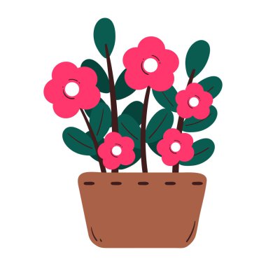 Tencerenin içinde el çizimi pembe çiçek. Güzel çiçek ve yapraklar çizim, çıkartma veya simge için karalama