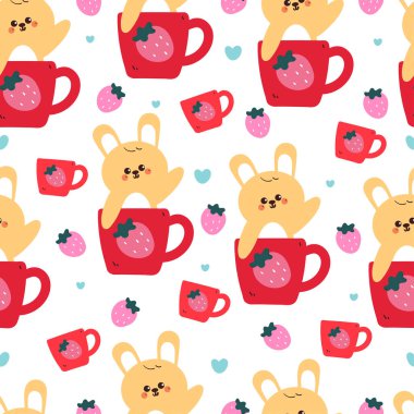 Kusursuz desenli kırmızı bardakta çilek çizimli sevimli çizgi film tavşanı. Duvar kağıdı, desen, arkaplan için sevimli hayvan çizimi