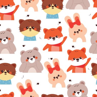 Kusursuz desenli şirin çizgi film hayvanları. Duvar kağıdı, desen, arkaplan için hayvan çizimi