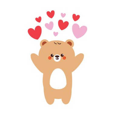 Sevimli el çizimi, kalp banyosu yapan çizgi film ayısı. Hayvan çıkartması için şirin ayı çizimi, simge