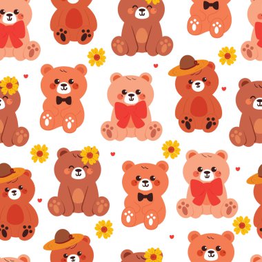 Kusursuz desenli şirin çizgi film ayısı şapka takmış ve etrafında güneş çiçeği olan bir fiyonk takıyor. Duvar kağıdı, arkaplan ve hediye paketi kağıdı için sevimli hayvan deseni