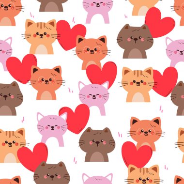 Kusursuz desenli, büyük kırmızı kalpleri olan sevimli çizgi film kedisi. Duvar kağıdı, arkaplan ve hediye paketi kağıdı için hayvan deseni
