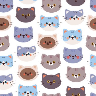 Kusursuz desenli şirin çizgi film kedisi kafası. Duvar kağıdı, arkaplan ve hediye paketi kağıdı için hayvan deseni