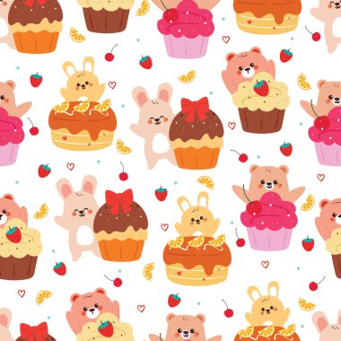 Kusursuz desenli şirin çizgi film tavşanı ve tatlı ile ayı. Duvar kağıdı, arkaplan ve hediye paketi kağıdı için hayvan deseni