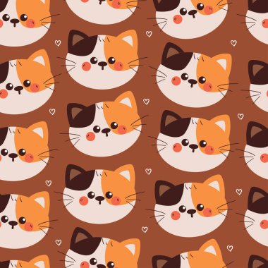 Kusursuz desenli şirin çizgi film kedisi kafası. Duvar kağıdı, arkaplan ve hediye paketi kağıdı için hayvan deseni