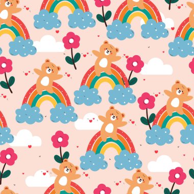 Gökkuşağı, bulut ve gökyüzü elementi olan kusursuz desenli şirin çizgi film ayısı. Duvar kağıdı, arkaplan ve hediye paketi kağıdı için sevimli hayvan deseni