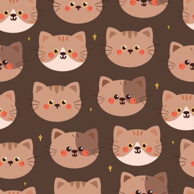 Kusursuz desenli kedi kafası çizgi filmi. Duvar kağıdı, arkaplan ve hediye paketi kağıdı için sevimli hayvan deseni