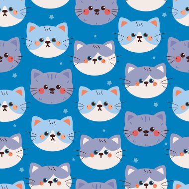 Kusursuz desenli kedi kafası çizgi filmi. Duvar kağıdı, arkaplan ve hediye paketi kağıdı için sevimli hayvan deseni