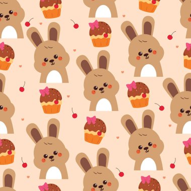 Kusursuz desenli tatlı çizgi film tavşanı ve çikolatalı kek. Duvar kağıdı, desen, arkaplan için sevimli çizim