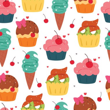 Kusursuz desenli kek ve dondurma. Duvar kâğıdı, arkaplan ve hediye paketi kağıdı için tatlı bir tatlı deseni var.