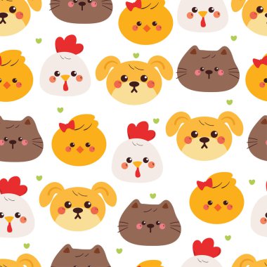 Kusursuz desenli şirin çizgi film köpek yavrusu, kedi, piliç, tavuk. Duvar kağıdı için sevimli hayvan kafası deseni, hediye paketi kağıdı