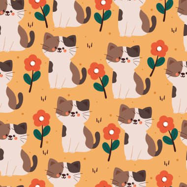 Çiçek karikatürlü kusursuz desenli kedi. Duvar kağıdı, arkaplan ve hediye paketi kağıdı için sevimli hayvan deseni