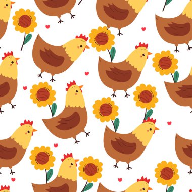 Kusursuz desenli şirin çizgi film tavuğu ve çiçeği. sevimli hayvan deseni ve duvar kağıdı