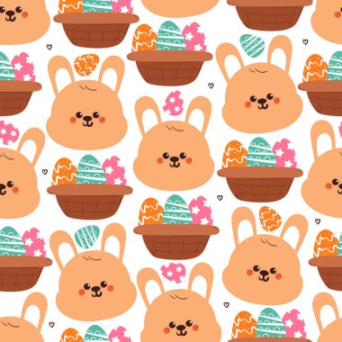Kusursuz desenli yumurta sepetli sevimli çizgi film tavşanı. şirin paskalya duvar kağıdı ve arkaplanı